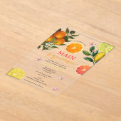 シトラスピンクメインスクイーズブライダルシャワーブランチ アクリル招待状 (レイダウン)