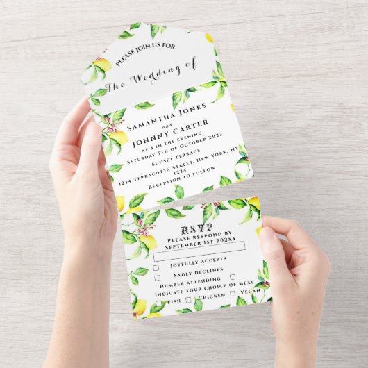 シトラスフルーツエキゾチックなガーデンイエローレモンズ結婚ズ オールインワン招待状 (貼ってはがせる)