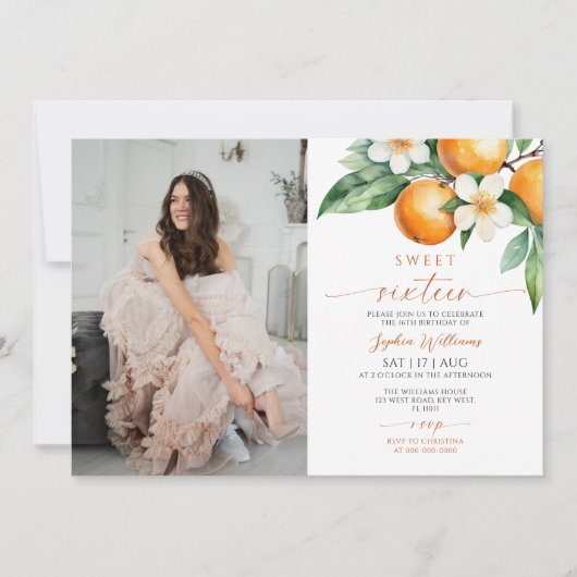 シトラスフローラフォトスイート16誕生日招待状 招待状 (正面)