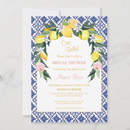 シトラスブルーイタリアンタイルサマーブライダルシャワー 招待状 (正面)