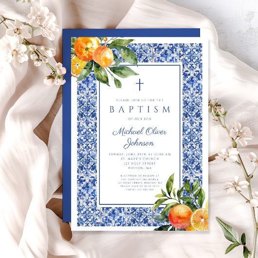 シトラスブルーエレガントタイル宗教少年バプテスマ 招待状