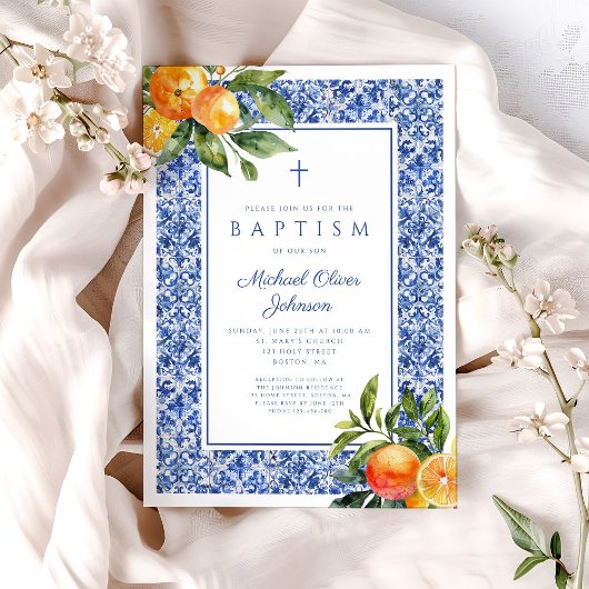 シトラスブルーエレガントタイル宗教少年バプテスマ 招待状