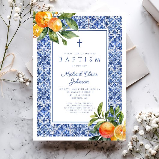 シトラスブルーエレガントタイル宗教少年バプテスマ 招待状