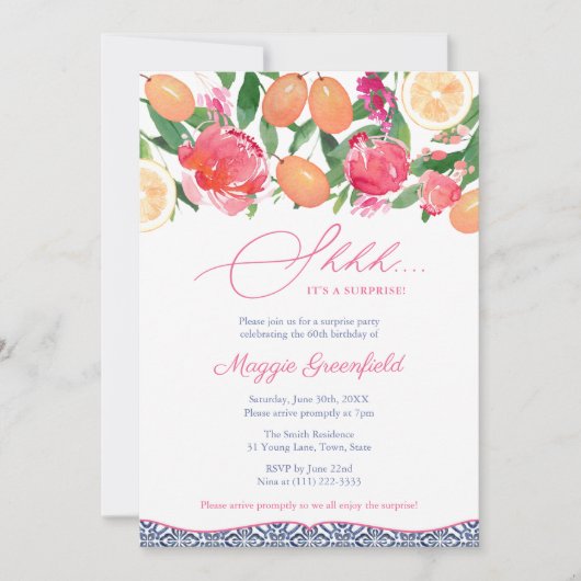 シトラスブルータイルレディーズサプライズ誕生日パーティー 招待状 (正面)