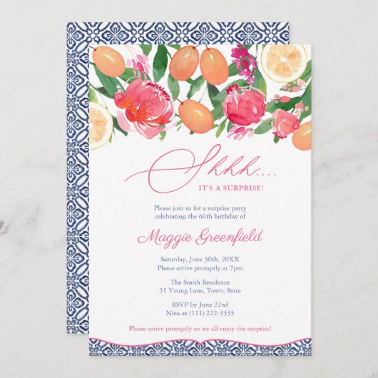 シトラスブルータイルレディーズサプライズ誕生日パーティー 招待状 (正面/裏面)