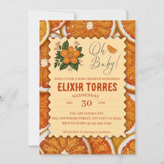 シトラスモダンエレガントオレンジベビーシャワー 招待状 (正面)