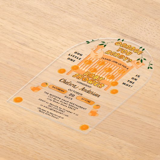 シトラスモダンラグジュアリーオレンジユーレディベビーシャワー アクリル招待状 (レイダウン)