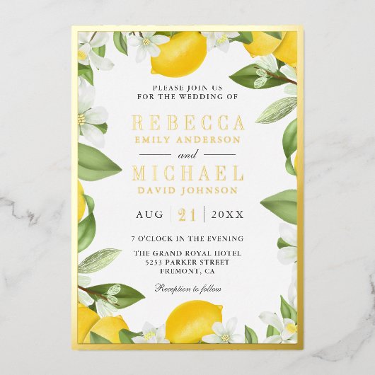 シトラスレモンオーチャードフォ結婚トズ金ゴールド 箔招待状 (正面)