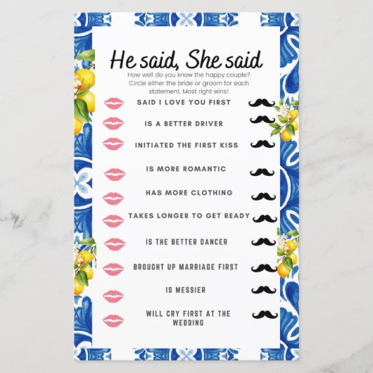 シトラスレモンブルータイルブライダルシャワーゲーム (正面)