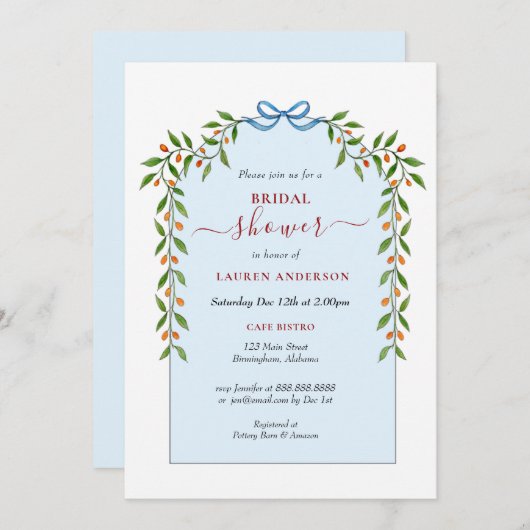 シトラス名門私立校風のアーチフレーム冬ブライダルシャワー 招待状 (正面/裏面)