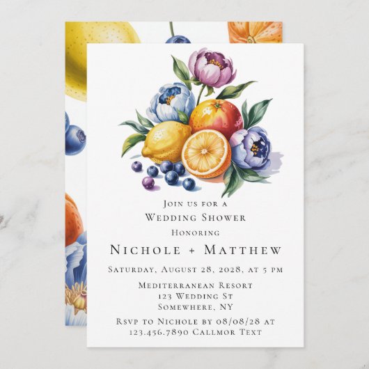 シトラス地中海のブーケウェディングシャワー 招待状 (正面/裏面)