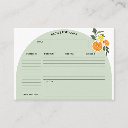 シトラス緑豊かなブライダルシャワーレシピカード エンクロージャーカード (正面)