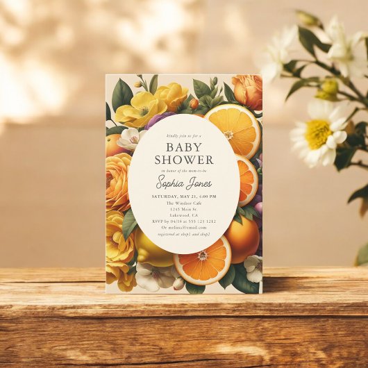 シトラス鮮やか開花コテージコアベビーシャワー 招待状