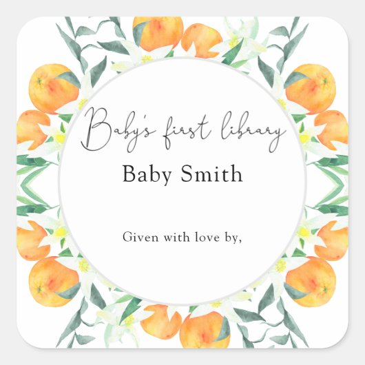 シトラス - ベビーシャワーのためのブックプレート 赤ちゃんのための本 スクエアシール (正面)