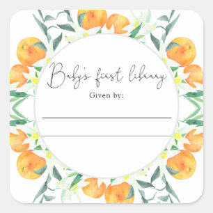 シトラス - ベビーシャワーのためのブックプレート 赤ちゃんのための本 スクエアシール