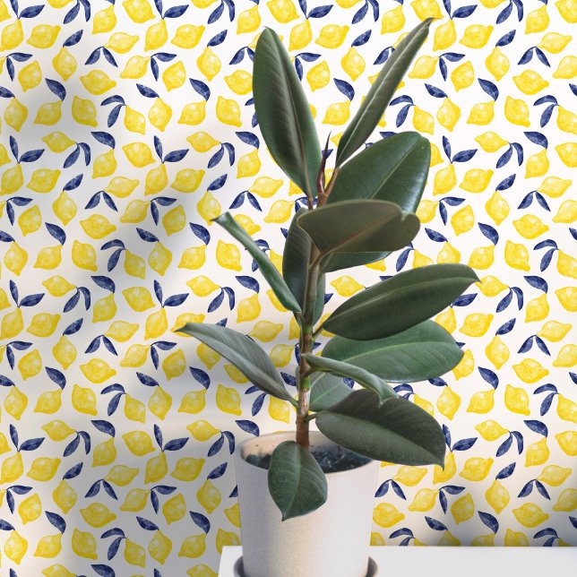 シトラス レモン 地中海風 イエロー ホワイト 水彩画 壁紙 (Mediterranean citrus lemon watercolor yellow white and blue peel and stick art wallpaper)