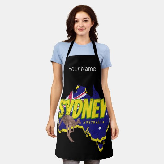 シドニーオーストラリアレトロカンガルー&フラッグヴィンテージ エプロン (着用した状態)