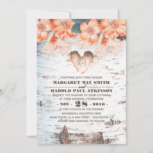 シナの木の皮に彫られたハート　素朴なカントリーウェディング 招待状 (正面)