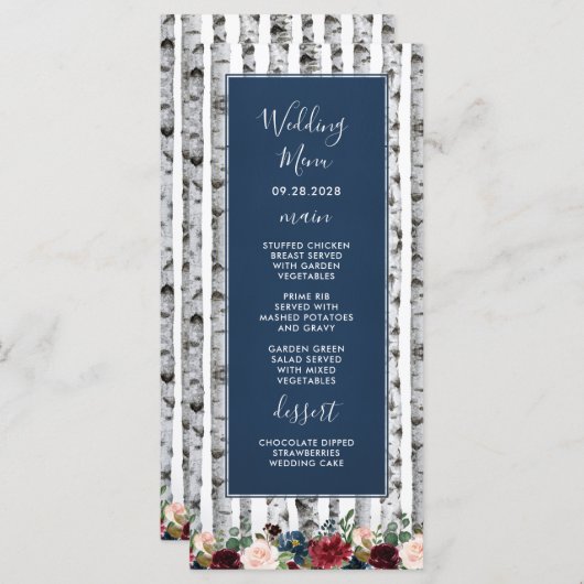 シナの木 ネイビーブルー ワインレッド 結婚式 メニューカード メニュー (正面/裏面)