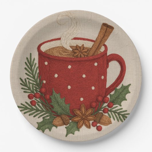 シナモンのある田舎風の刺繍クリスマスココアマグ ペーパープレート (正面)