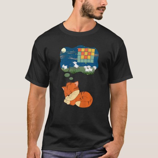 シナモンオレンジの猫が羊を数えて夢見るレトロなデザイン Tシャツ (正面)