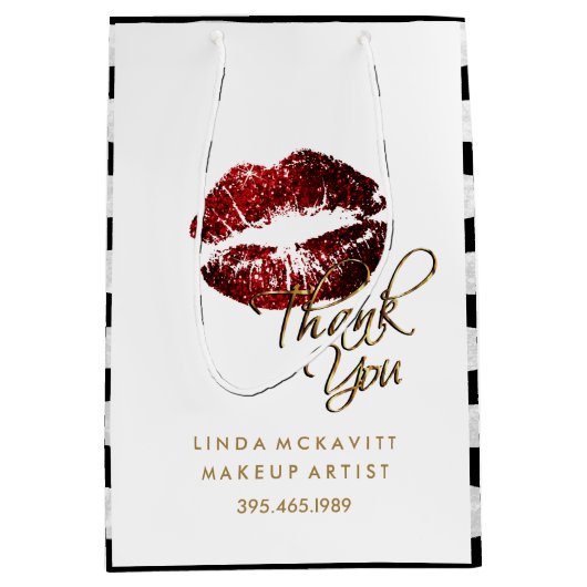シナモンレッドグリッターリップス&ホワイトストライプ ミディアムペーパーバッグ (正面)