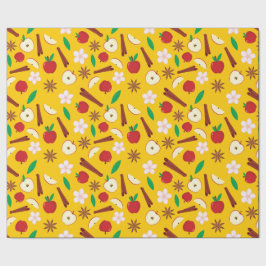 シナモン、リンゴ、スターアニス、花シームレス ラッピングペーパー