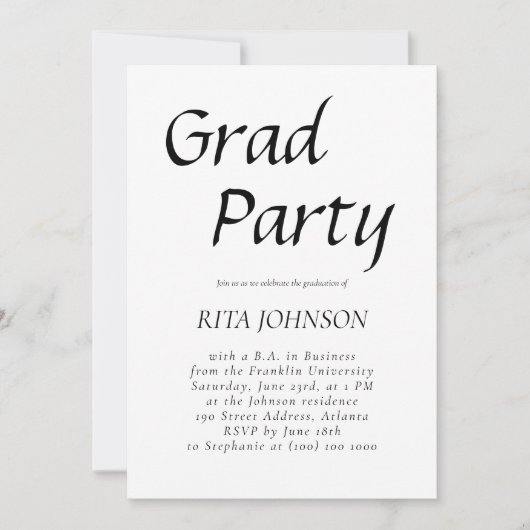 シニアエレガントグラードパーティー白黒卒業 招待状 (正面)