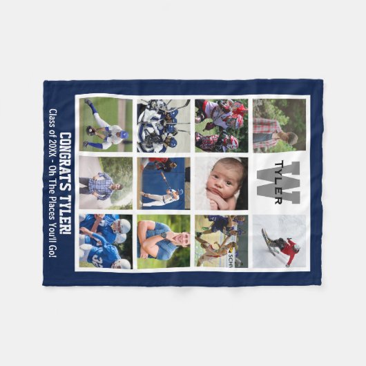 シニアモノグラムの卒業写真数々のコラージュ フリースブランケット (正面(横))