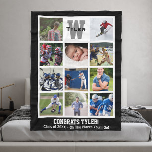 シニアモノグラムの卒業写真数々のコラージュ フリースブランケット