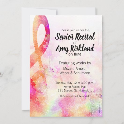 シニアリサイタルウォーターカラートレブルクレフ、 音符記号 招待状 (正面)