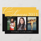 シニア祝金ゴールド黒3枚の写真卒業 招待状 (正面/裏面)