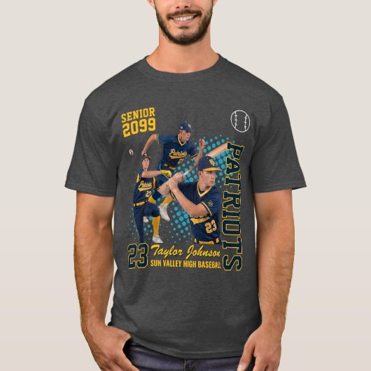 シニア野球選手のカスタムフォトコラージュ ブルー Tシャツ (正面)