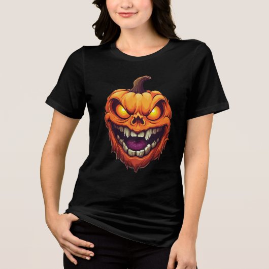 シニスターな笑顔のカボチャの頭 トライブレンドTシャツ (正面)