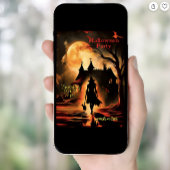 シネマティックな魔女と猫のシルエットハローウィンパーティ 招待状