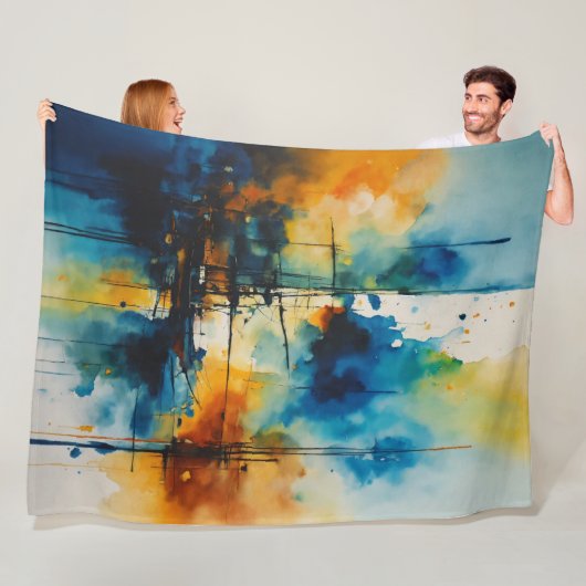 シネマティック水彩画 | 青とオレンジモダン フリースブランケット (インサイチュ)