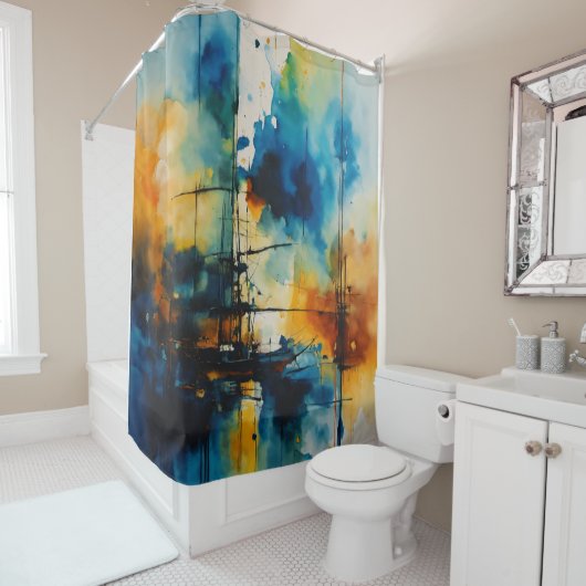 シネマティック・アート | 青モダンとオレンジ シャワーカーテン (インサイチュ)