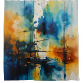 シネマティック・アート | 青モダンとオレンジ シャワーカーテン (正面)