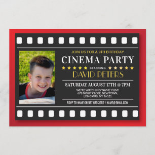シネマバースデーパーティー映画Any Age Red Photo Kids 招待状