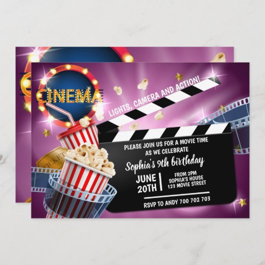 シネマムービータイムガール誕生日ポップコーン 招待状 (正面/裏面)