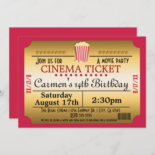 シネマムービーチケットポップコーンパーティーイベント招待状 招待状 (正面/裏面)