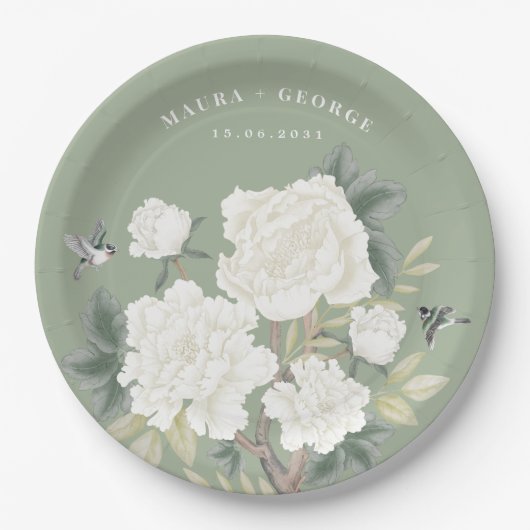 シノエレガントイセリーサージグリーンフローラバードズ結婚ズ ペーパープレート (正面)