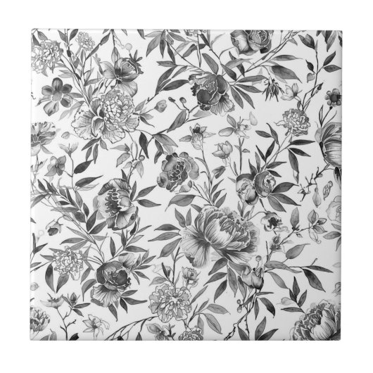 シノワズリの水彩花の植物画 タイル (正面)