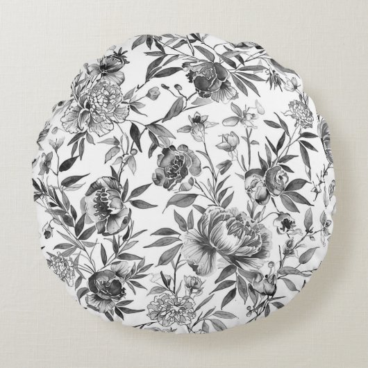 シノワズリの水彩花の植物画 ラウンドクッション (正面)