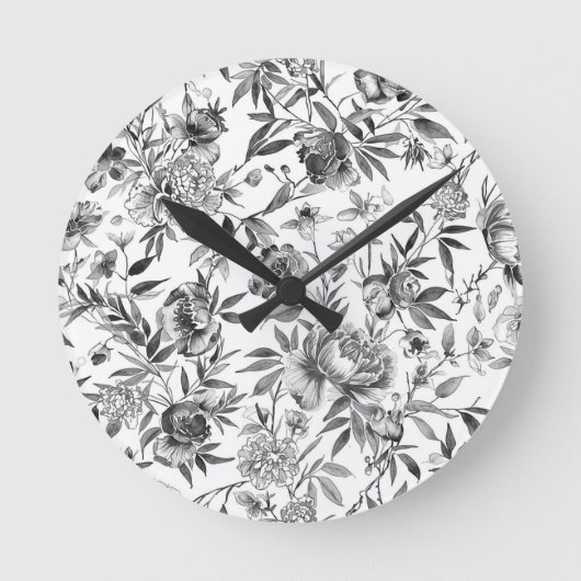 シノワズリの水彩花の植物画 ラウンド壁時計 (正面)