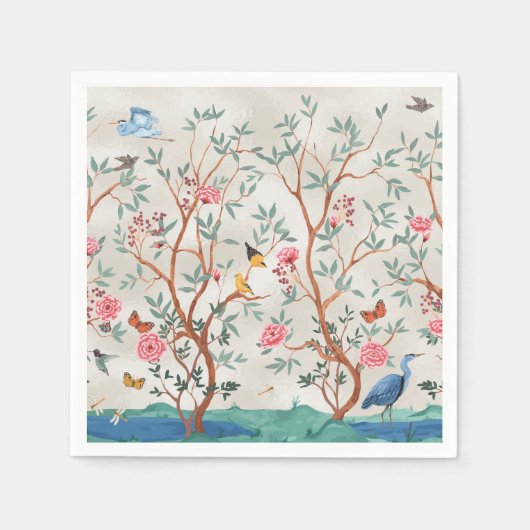 シノワズリーの壁画:サギと花々 スタンダードカクテルナプキン (正面)