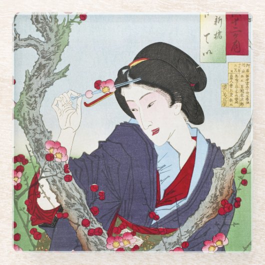 シノワズリーの日本人女性と赤い桜 ガラスコースター (正面)