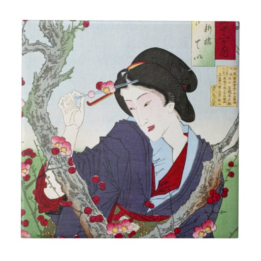シノワズリーの日本人女性と赤い桜 タイル (正面)