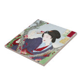 シノワズリーの日本人女性と赤い桜 タイル (側面)