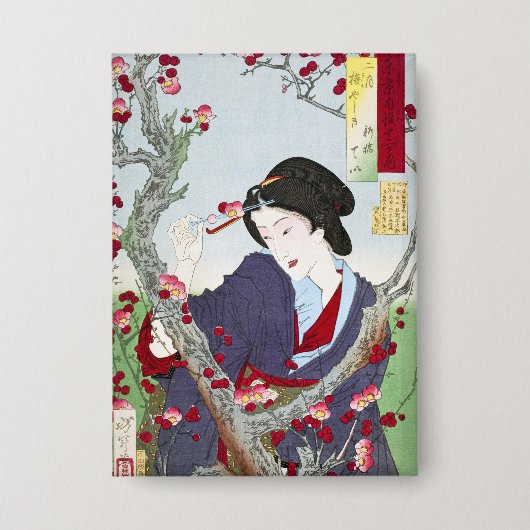 シノワズリーの日本人女性と赤い桜 缶バッジ (正面)